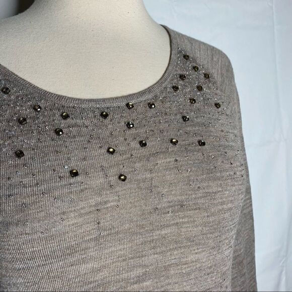 Loft Womens Embellished Sweater Top Size Small Tan 3/4 Sleeve - Picture 4 of 7